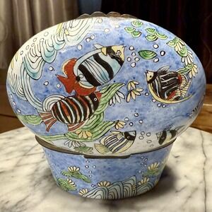 Hand Painted Enamel Metal Brass Fish Aquatic Trinket Box Hinged Lid Ocean Sea